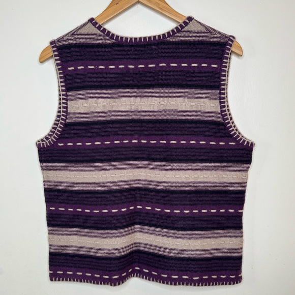 Vintage Sweater Vest Hand Embroidered Women Large Purple Beige Stripe Woven Boho - Picture 5 of 7